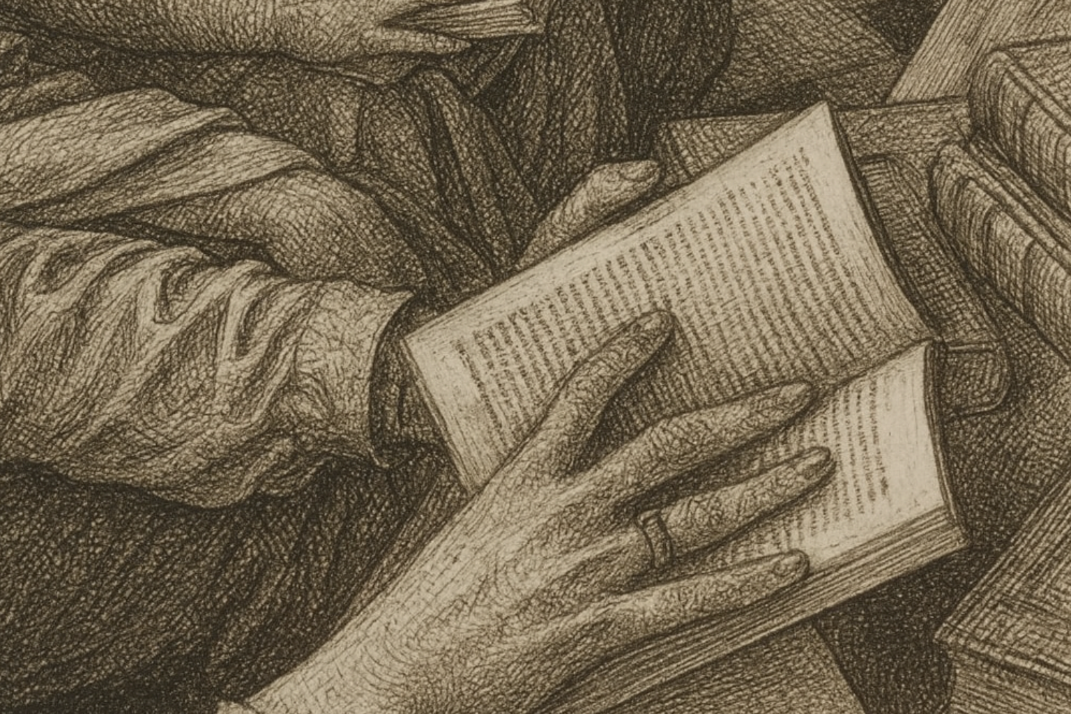 People discussing books around a table